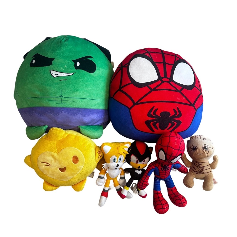 Marvel Sonic Disney Plush Bundle Hulk Spider-Man Tails Shadow Groot 7pc Lot